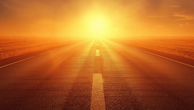 Sunrise on the Open Road: A seemingly endless asphalt road stretches towards a vibrant sunrise, its golden rays piercing through the warm, hazy atmosphere.
