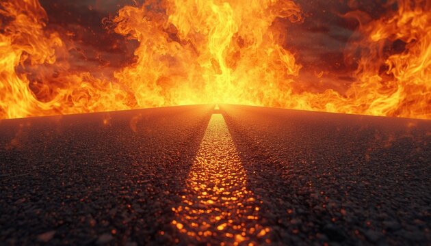 Road to Inferno: A desolate asphalt road leads towards a blazing inferno, with flames engulfing the horizon under a dramatic, fiery sky. A symbol of chaos and destruction.