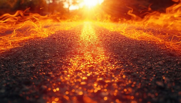 Road to Inferno: A blazing inferno engulfs a rural road under a fiery sunset, creating a scene of intense heat and dramatic illumination.