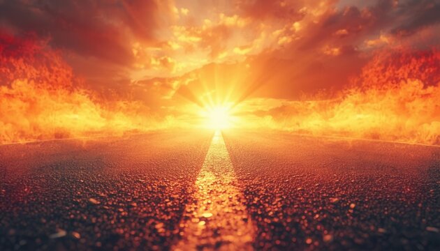 The Path to the Sun: A dramatic road stretches towards a brilliant sunburst on the horizon, with fiery clouds painting the sky in hues of orange and red.