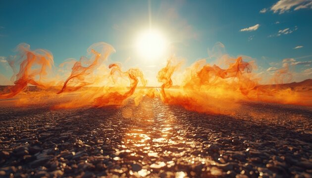 Desert Mirage: An ethereal desert landscape unfolds under a blazing sun, where shimmering heatwaves and wisps of orange smoke create an illusionary mirage, stretching towards the horizon.