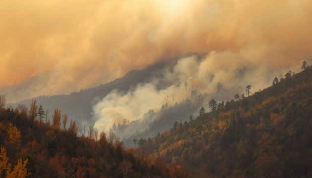 Forest Fire Disaster: A devastating forest fire rages across a mountainous landscape, engulfing trees in smoke and flames under a hazy, smoke-filled sky, signifying environmental destruction.