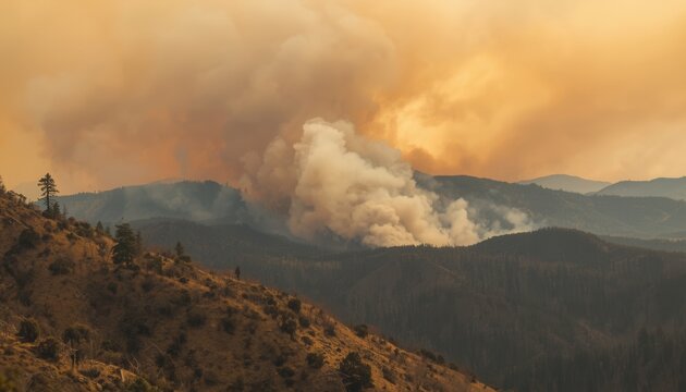 Wildfire's Fury: A devastating wildfire rages through a mountainous landscape, engulfing the hills in thick plumes of smoke under a hazy orange sky.