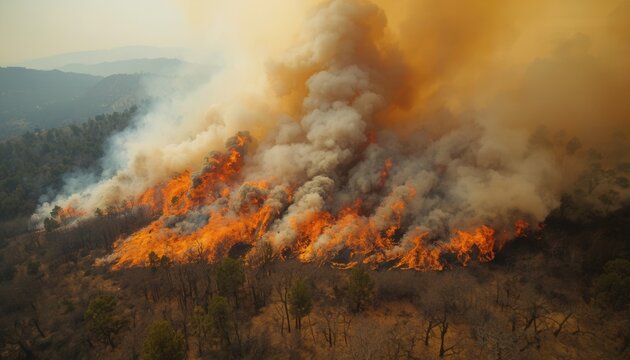 Raging Inferno: A destructive forest fire rages, consuming dry vegetation and emitting thick plumes of smoke into the sky, showcasing the raw power of nature's fury.
