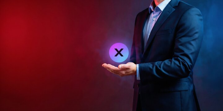 Businessman holding glowing letter X icon in palm against red and blue gradient background for digital branding