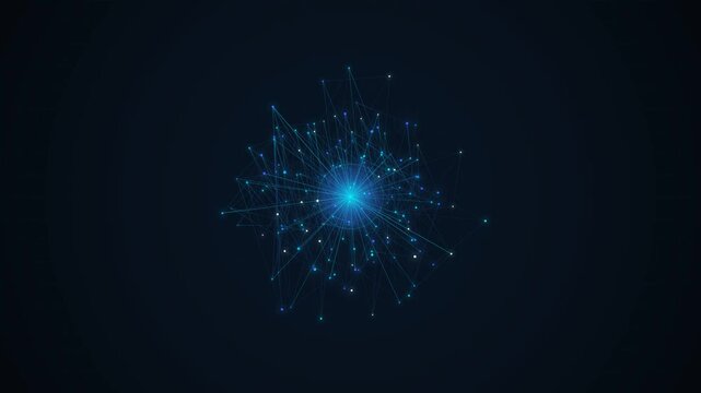 3D abstract quantum data burst exploding with glowing cyan and cobalt blue digital particles against dark slate background, futuristic cyber network shockwave technology motion graphics loop