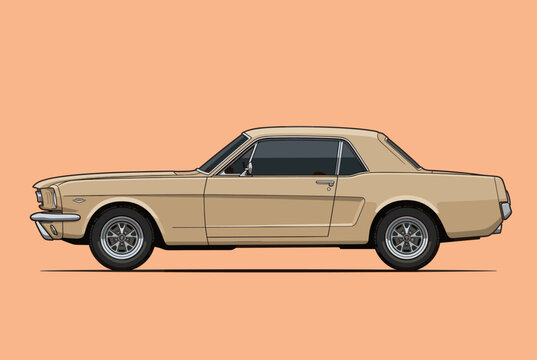 Classic American Muscle Car Vector Illustration Side View Vintage 1960s Style Beige Coupe Automobile