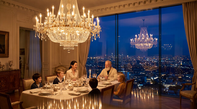 Multi-generational family having a formal dinner in luxury penthouse at night, large crystal chandelier, city skyline view through window. Elegant dining, celebration, wealthy lifestyle.