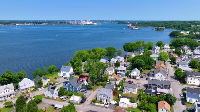 Village of Riverside and Providence River aerial view, with Providence city skyline at the background, city of East Providence, Rhode Island RI, USA. 