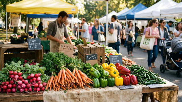 A bustling farmer's market scene with a diversity of vendors and customers, filled with vibrant summer produce