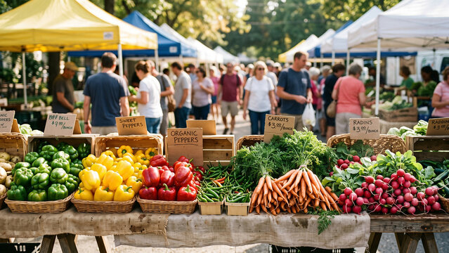 A bustling farmer's market scene with a diversity of vendors and customers, filled with vibrant summer produce