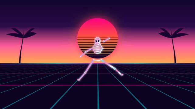 Reflective liquid chrome metallic skeleton performing energetic breakdancing hip hop routine against aesthetic 80s vaporwave sunset horizon with glowing neon wireframe grid floor loop