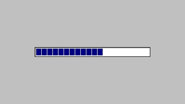 Retro pixelated loading bar filling with blue blocks on a gray background before transitioning to a blue screen interface.