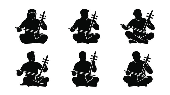 Men Playing Rebab Arabic Folk Music Silhouette Vector Set
