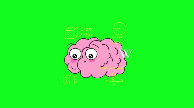 Animated pink brain character with math formulas on green screen. Cartoon brain with math equations on a bright green background.