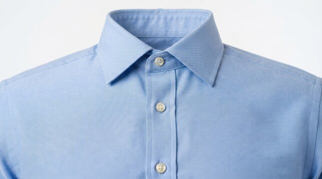 A neatly pressed blue dress shirt with a white collar and buttons, laid out on a white background.