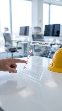 Close up of person touching digital safety data sheet screen in modern office with helmet hard hat workstation transparent construction