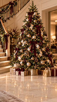 Decorated Christmas tree with gold ornaments and velvet bows in a luxury home interior, staircase with festive garland, warm ambient lighting. Holiday celebration, seasonal decor