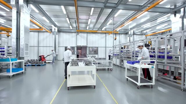 Team of engineers, technicians and workers working at industrial production plant metal components with heavy duty tools and cnc parts milling equipment machine in a manufacturing facility