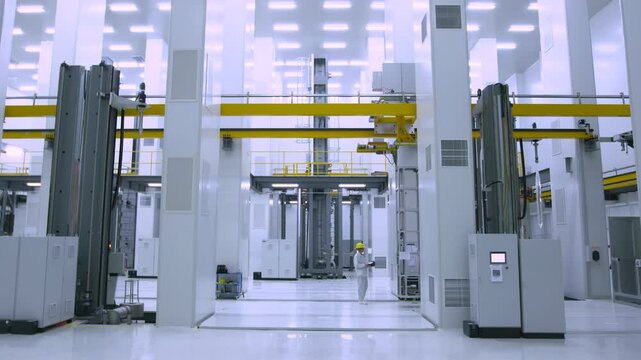Engineer, technician worker in hard hat working industrial production plant inspects large control panel clipboard in hand, operate large machinery with robotic parts in order to increase productivity