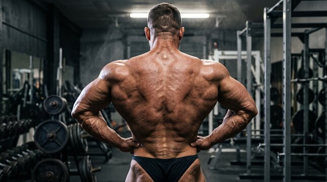 Powerful male bodybuilder flexing wide back muscles during rear lat spread pose in hardcore training center