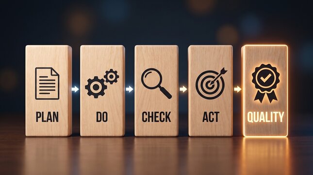 Continuous improvement process showing wooden blocks with do check act phases for project management execution
