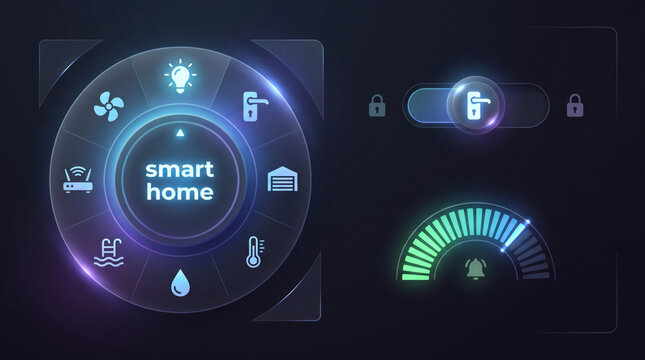 Smart home automation dashboard displaying glowing climate controls and security interface. Modern futuristic remote control monitoring system interface management efficiency