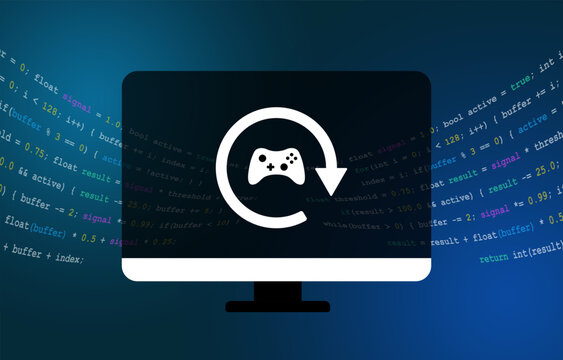 AI-assisted game porting combines decompilation and recompilation for legacy games across platforms. Reverse engineering supports game preservation and software compatibility, vector illustration.