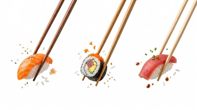 Three pieces of sushi, including salmon nigiri, tuna maki, and tuna nigiri, held by wooden chopsticks against a white background