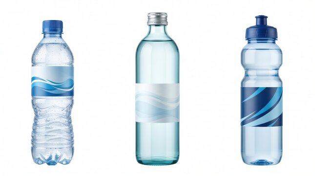 Three distinct water bottles, including a plastic bottle, a glass bottle with a metal cap, and a blue sports bottle with a cap, on white