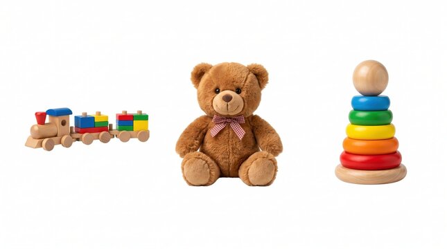 Wooden toy train with colorful blocks, brown plush teddy bear with a ribbon, and a multi-colored wooden stacking ring tower on white background