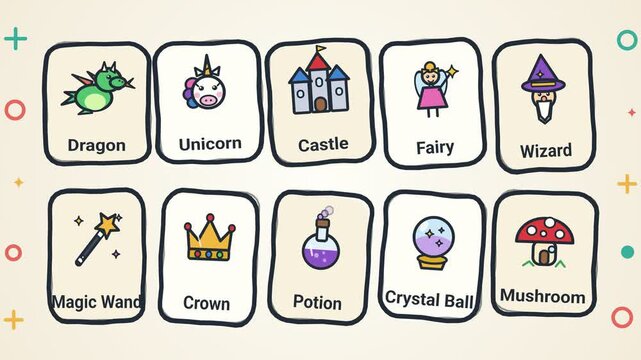 Cute Fantasy Magic Cards Children Educational Animation Design Learning Symbols Of Wizard And Dragon For Kids Game Assets And Classroom Activity