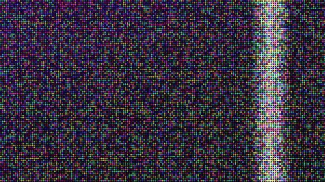 A bright vertical light scans across an abstract colorful mosaic background with iridescent sequin-like textures.