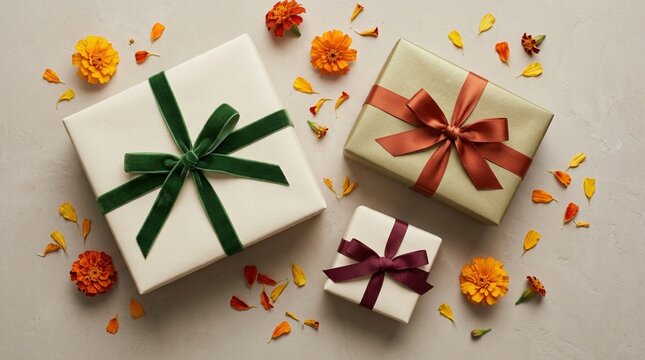 Decorative Gift Boxes with Colorful Ribbons and Flowers Arranged for Festive Celebrations