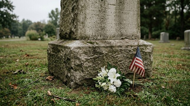 Memorial Grave Decorated with White Flowers and a Small American Flag in a Cemetery