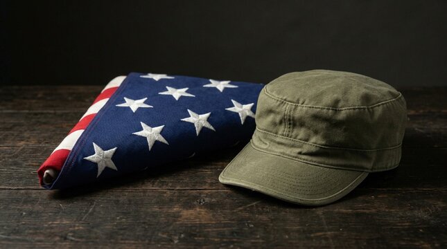 Folded American Flag and Military Cap Representing Veteran Service and National Honor