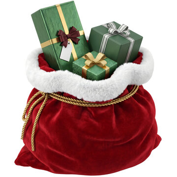 3D Santa's Velvet Gift Sack Filled with Wrapped Green Presents and Fluffy Fur Trim Isolated 

