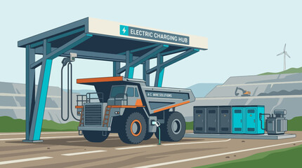 Electric Mining Dump Truck Charging at a Modern Station. © devirifta