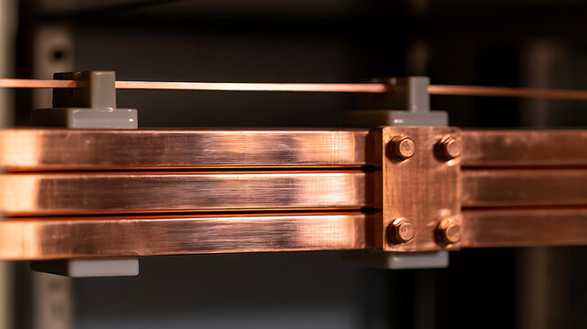 Close-up view of heavy-duty copper busbars secured with bolts and insulators inside an industrial electrical power distribution cabinet