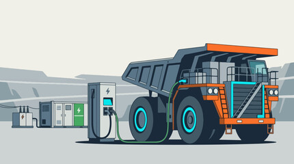 Electric Mining Dump Truck Charging at Station. © devirifta