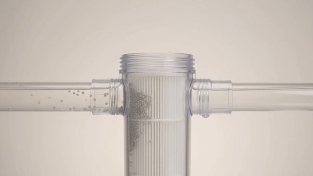 Water filter trapping microplastic specks in a transparent pipe