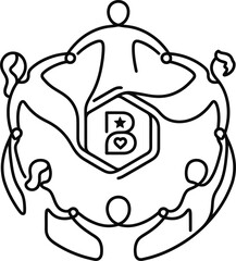 Abstract line art illustration of people holding hands in a circle surrounding a letter B logo. © YouthIdea