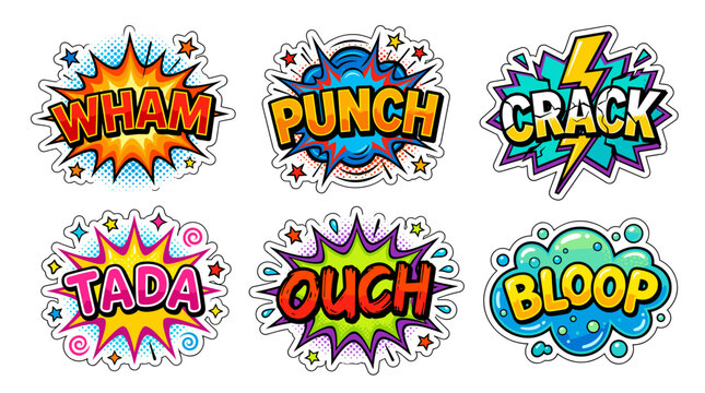 Bright comic book stickers with wham punch crack tada ouch.