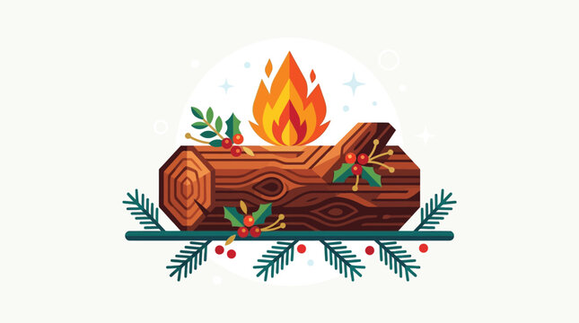 Cozy Christmas Yule Log Illustration with Festive Fire, Holly Berries, and Pine Branches on White Background