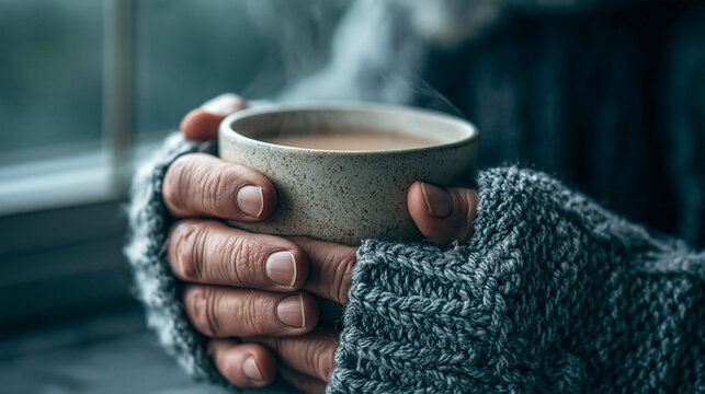 Person wearing grey woolen gloves holding a steaming ceramic mug of hot beverage