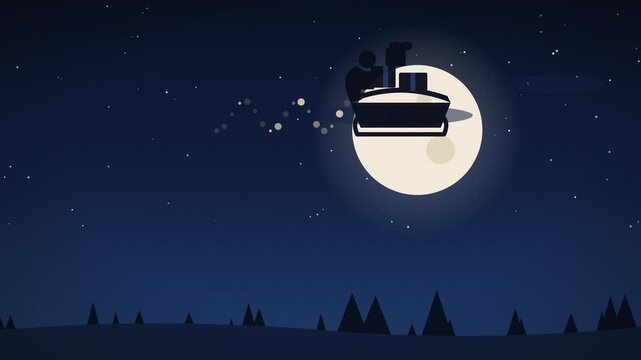 Gift laden sleigh silhouette gliding across the full moon