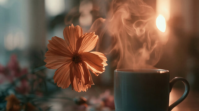Steaming hot mug of coffee placed beside a orange flower