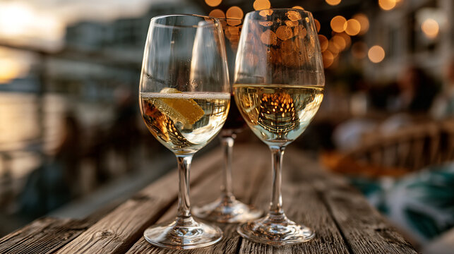 Two glasses of white wine on a rustic wooden table with glass beverage celebration