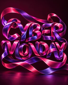 Cyber monday text rendered in glossy metallic pink and purple ribbon typography against a dark background.