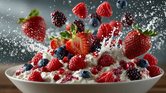 Bowl of fresh mixed berries and creamy yogurt with refreshing water droplets